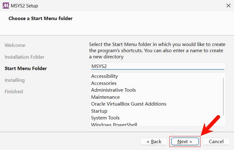 MSYS2 安装步骤：选择开始菜单文件夹
